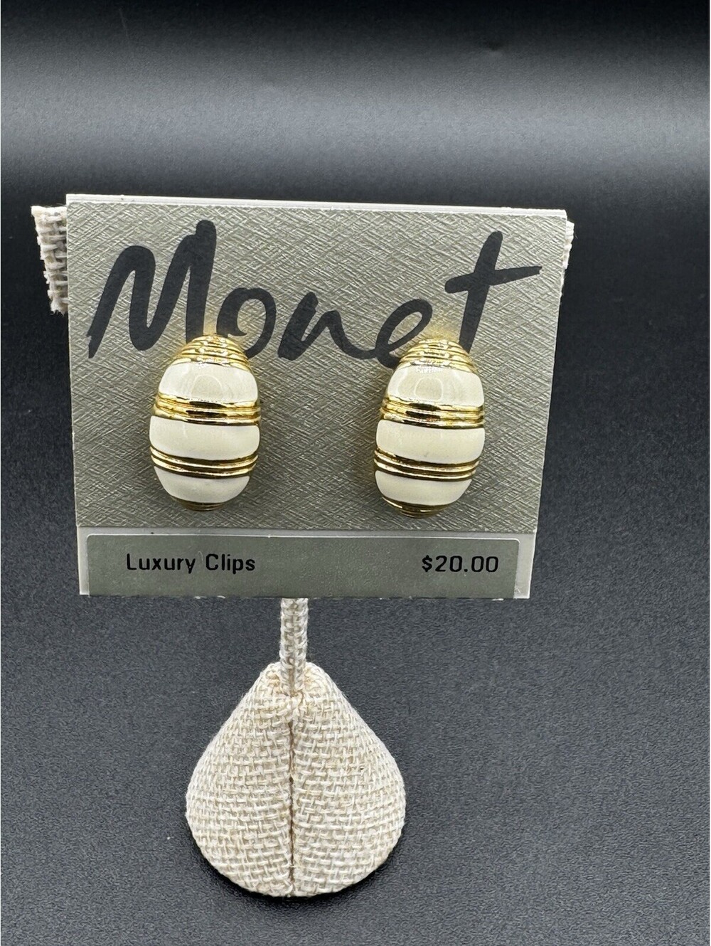 Vintage MONET White Enamel Gold Tone Clip On Earrings Signed Oval 80s Retro NWT